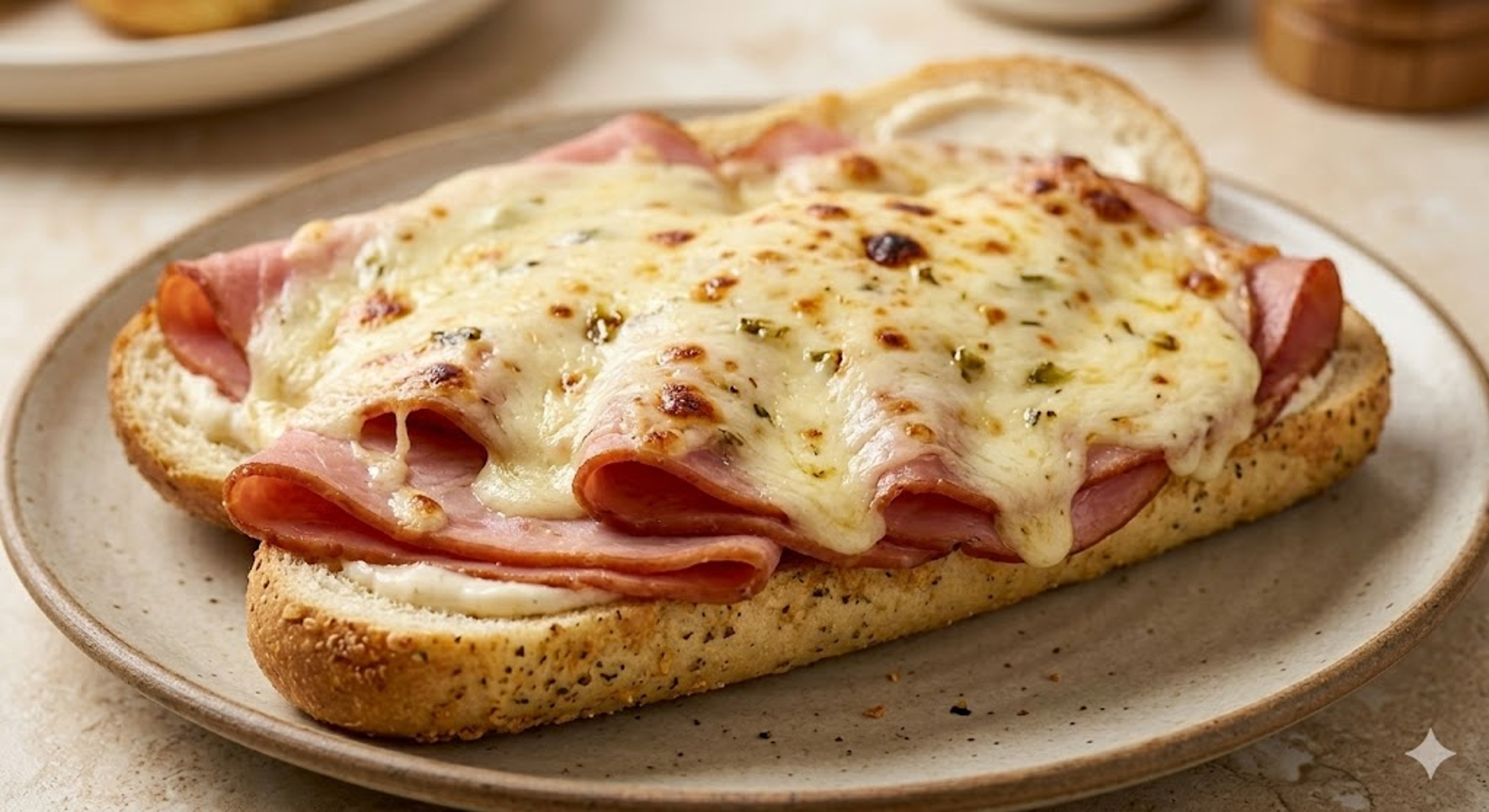 lunch meat and melted cheese on toasted bread