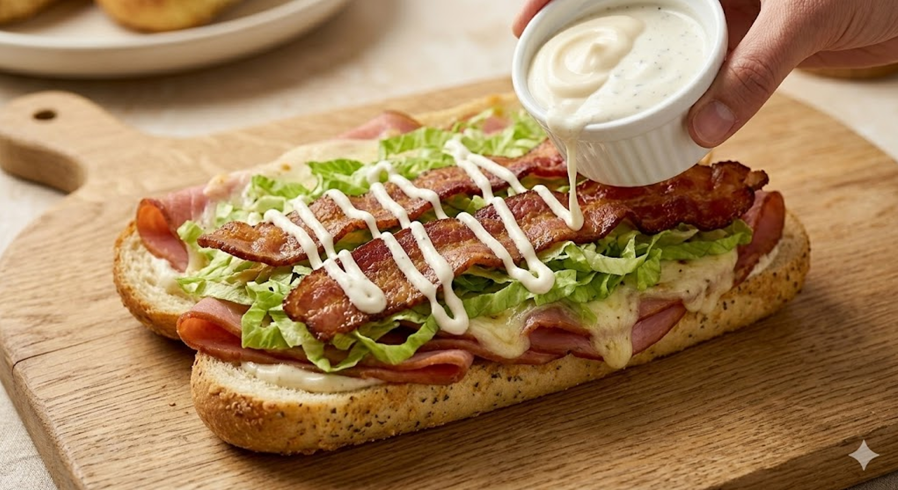 ranch drizzle and more bacon on sandwich